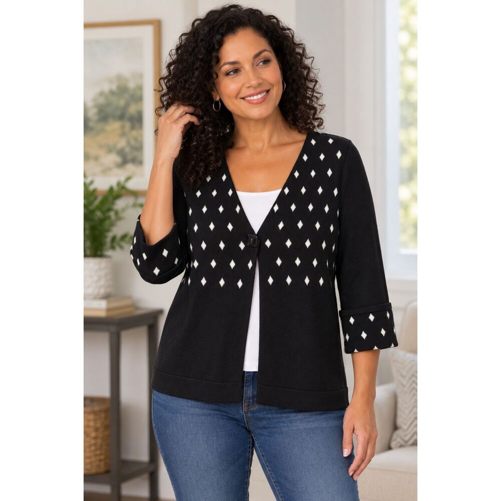 Christopher & Banks Women's M Blk White Diamond 3/4 Knit Cardigan Sweater #22
